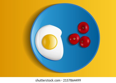 scrambled eggs with tomatoes on a blue plate. vector illustration.