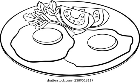 Scrambled Eggs and Tomatoes on a Plate for Coloring. Delicious Healthy Breakfast. Vector Illustration of Delicious and Nutritious Morning Food.