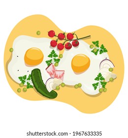 Scrambled eggs for two with bacon, onion, garlic, cucumber, tomatoes and green peas, seasoned with herbs. International and national dish. Egg dish. Vector.