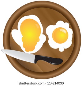 Scrambled eggs with two yolks with a wooden kitchen board with a kitchen knife. Vector illustration.