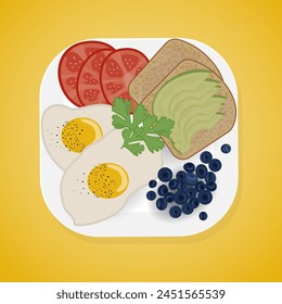 Huevos revueltos y verduras, plato de desayuno. Comida saludable servida en un plato, tomate, aguacate, tostadas, arándanos, perejil. Almuerzo casero por la mañana. Ilustración vectorial plana.