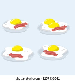 Scrambled eggs with yellow yolk and white protein. Tasty and healthy Breakfast. omelet on a blue plate. Element of the kitchen. Fried fatty bacon from meat. Cartoon flat illustration