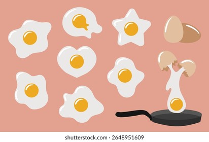 Scrambled or fried eggs set of elements. Eggs of different shapes. Vector collection of breakfast food.