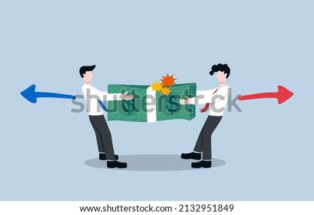 Scrambling for budget. Competing between high self confident colleagues in office. Conflict in business or team inside. Businessmans compete to pull wad of money into their own.