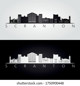 Scranton, Pennsylvania skyline and landmarks silhouette, black and white design, vector illustration.  