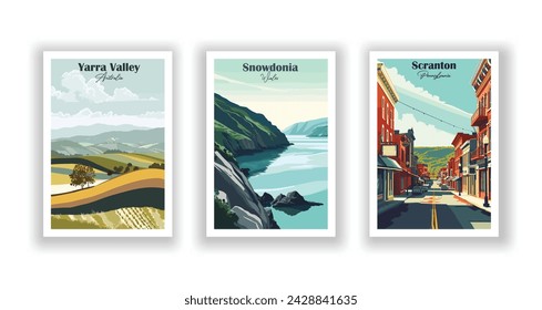 Scranton, Pennsylvania. Snowdonia, Wales. Yarra Valley, Australien - Vintage Reiseplakat. Vektorgrafik. Qualitativ hochwertige Ausdrucke