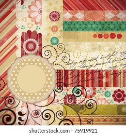 Scrap background made in the classic patchwork technique with floral stamps and handwriting text.