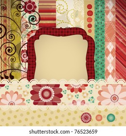Scrap background made in the classic patchwork technique with floral stamps.