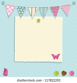 Scrap book background with bunting, torn paper and buttons