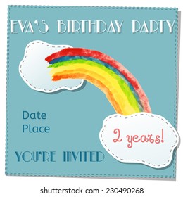 Scrap book childish card with Watercolor colorful hand drawn rainbow. Happy birthday invitation card background with scrap book clouds. Baby shower card template.