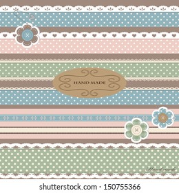 Scrap booking set with straight lace sewn on to the fabric and buttons. Vector illustration. 