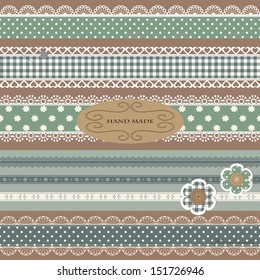 Scrap booking set with straight lace sewn on to the fabric and buttons. Vector illustration.