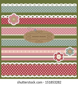 Scrap booking set with straight lace sewn on to the fabric and buttons. Vector illustration.