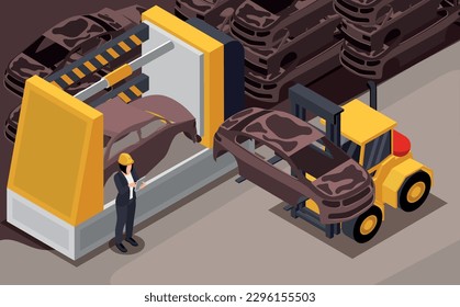 Scrap metal background with automobile loader symbols isometric vector illustration