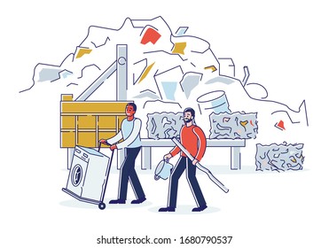 Scrap Metal Concept. People Bring Old Metal Things And Broken Washing Machine On Cart to Metal Recycling Plant. Recycling And Environment Protection. Cartoon Linear Outline Flat Vector Illustration