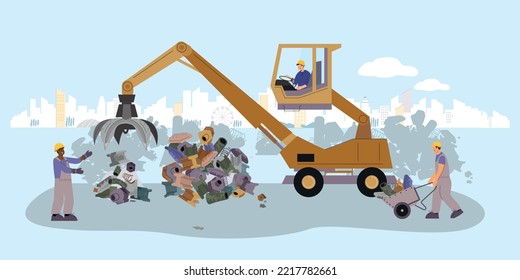 Scrap metal flat composition with cityscape background and view of bulldozer with workers moving waste iron vector illustration