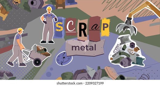 Scrap metal flat composition with collage of text with waste iron goods and workers with barrow vector illustration