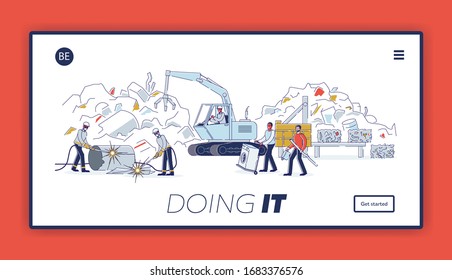 Scrap Metal Recycling Process. Website Landing Page. Men Sorting Piles Of Scrap Metal. People Bring Old Metal Broken Technique To Recycle. Web Page Cartoon Linear Outline Flat Vector Illustration