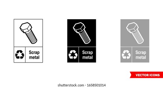 Icono de signo de reciclado de metales de chatarra de 3 tipos: color, blanco y negro, contorno. Símbolo vectorial aislado.