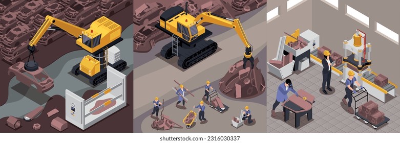 Scrap metal set with garbage and conveyor symbols isometric isolated vector illustration