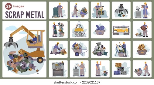 Scrap metal set with square shaped compositions of flat images with waste iron junk and workers vector illustration