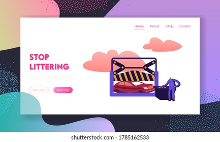 Scrap Metal Utilization and Recycling Business Landing Page Template. Mechanic Male Character Working on Scrapyard Pressing Old Crashed Cars on Special Extruding Equipment. Cartoon Vector Illustration
