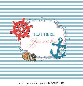 Scrap nautical card with frame, anchor,wheel and seashells