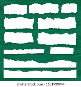 Scrap paper on a background of a green chalkboard. Torn pieces of white sheet. Flat vector cartoon illustration. Objects isolated.
