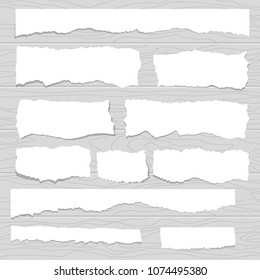 Scrap paper on wooden background. Torn pieces of white sheet. Flat vector cartoon illustration. Objects isolated.
