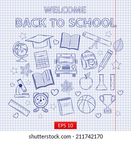 Scrap set Back to school on the notebook sheet with hat graduate scroll, apple, books, flasks, basketball, alarm clock, briefcase, backpack, school bus, globe, ruler microscope
