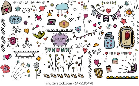 Scrap Set Elements. Birthday. Hand drawn colorful floral, around, heart, vector arrows. Doodle set from different elements. Romance. Holiday in February. Valentine card, postcard, banner. - Vector. 