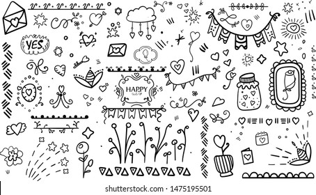 Scrap Set Elements. Cozy Hygge style. Birthday. Hand drawn colorful floral, around, heart, vector arrows. Doodle set from different elements. Hygge comfort. Cozy. Romance. Holiday in February. Vector