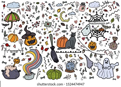 Scrap Set Elements. Halloween. Colorful pumpkins, cat, heart, vector collection nighttime and horror. Doodle set from different elements. Holiday in 31 October. Halloween card, postcard, banner.