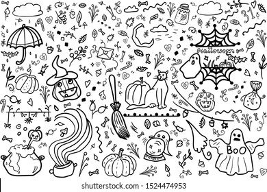 Scrap Set Elements. Halloween. Coloring page, Coloring book. Contour. Colorful pumpkins, cat, heart, vector collection nighttime and horror. Doodle set from different elements. Holiday in 31 October.