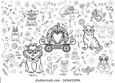 Scrap Set Elements International Women's Day and Valentine day. Cozy Hygge style. Birthday. Hand drawn floral, around, heart, animal, vector arrows. Doodle set kids. Hygge comfort. Cozy. Vector