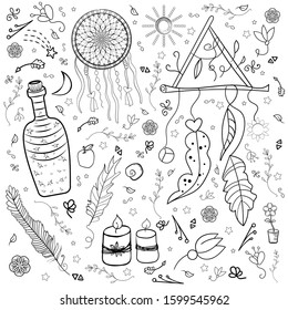 Scrap set occultism. Coloring book or page. Black and white. Dreamcatcher, candles, feathers. Vector collection. Hand Draw. Halloween, Valentine's Day. Fairy tale. Mystical Rutal and Alchemy.
