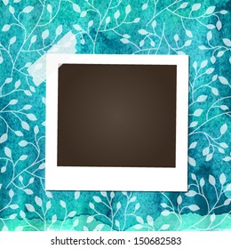 Scrap Template With Photo Frame On Blue Watercolor Background With Beautiful Floral Pattern