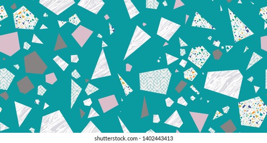 Scrap Terrazzo Seamless Repeat Vector Pattern.  Chunks of other patterns put together.  Teal background.  Thousands of random non-overlapping elements.  Generative Art (made with code). 