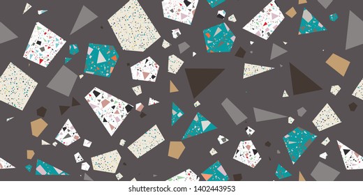 Scrap Terrazzo Seamless Repeat Vector Pattern.  Chunks of other patterns put together.  Brown background.  Thousands of random non-overlapping elements.  Generative Art (made with code). 