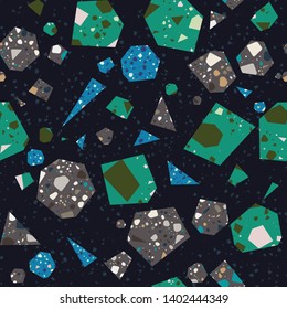 Scrap Terrazzo Seamless Repeat Vector Pattern.  Chunks of other patterns put together.  Navy black background.  Thousands of random non-overlapping elements.  Generative Art (made with code). 