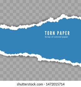 Scrap of torn white paper with shadow. Damaged cardboard borders. Vector illustration isolated on transparent background