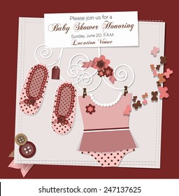 Scrapbook Baby shower invitation template vector illustration, happy birthday card for newborn baby girl with a pink vintage stroller, ribbons and scrap book elements