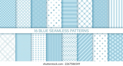 Scrapbook background. Blue seamless pattern. Set cute baby shower prints. Retro pastel texture with polka dots, stripes, herring bone, plaid. Childish wrapping backdrop. Monochrome vector illustration