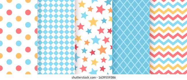 Scrapbook background. Seamless pattern for scrap design. Vector. Cute, chic print with polka dot, star, zigzag and rhombus. Trendy texture. Color illustration. Abstract geometric paper pack. 