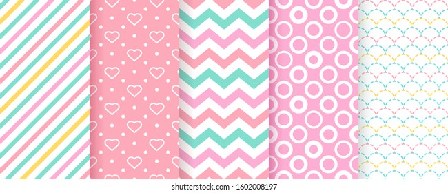 Scrapbook background. Seamless pattern. Vector. Set cute texture with stripes, hearts, polka dot, zig zag, fish scale. Chic trendy print. Modern packing paper. Pastel illustration. Color backdrop.