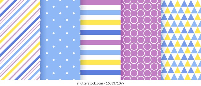 Scrapbook background. Seamless pattern. Vector. Cute textures with stripes, polka dots and triangle. Set chic packing paper. Trendy purple blue yellow print. Modern illustration. Color backdrop.