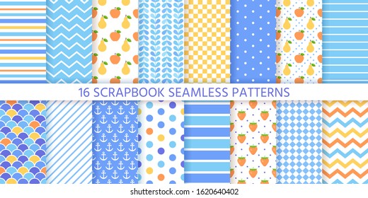 Scrapbook background, seamless pattern. Vector. Cute paper for scrap design. Chic print with polka dot, stripe, zigzag, fruits, check, fish scale. Trendy texture. Color illustration Geometric backdrop