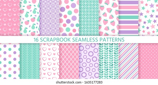 Scrapbook background, seamless pattern. Vector. Cute paper for scrap design. Chic print with heart, polka dot, stripe, fruit, check, star. Trendy modern texture. Color illustration. Geometric backdrop