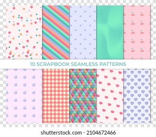 Scrapbook background, seamless pattern. Vector illustration. Cute paper for scrap design. Chic print with heart, polka dot, stripe, fruit. Trendy modern texture. Color illustration. Geometric backdrop