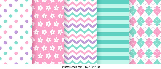 Scrapbook background. Vector. Cute seamless pattern. Chic paper. Set textures with polka dots, stripe, zigzag, flower, rhombus. Retro print. Modern pastel illustration. Geometric trendy color backdrop